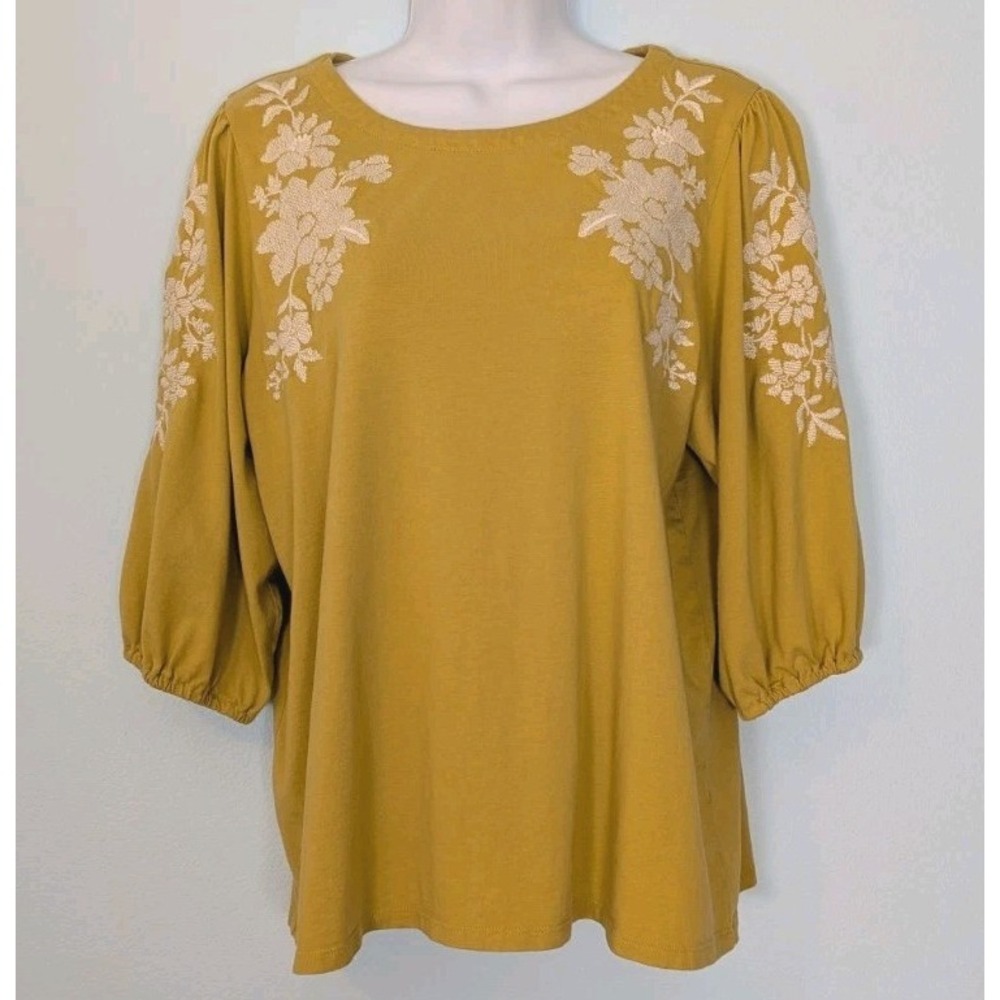 J. Jill Embroidered Top Women's Medium Golden Yellow 3/4 Sleeve Elastic Cuff